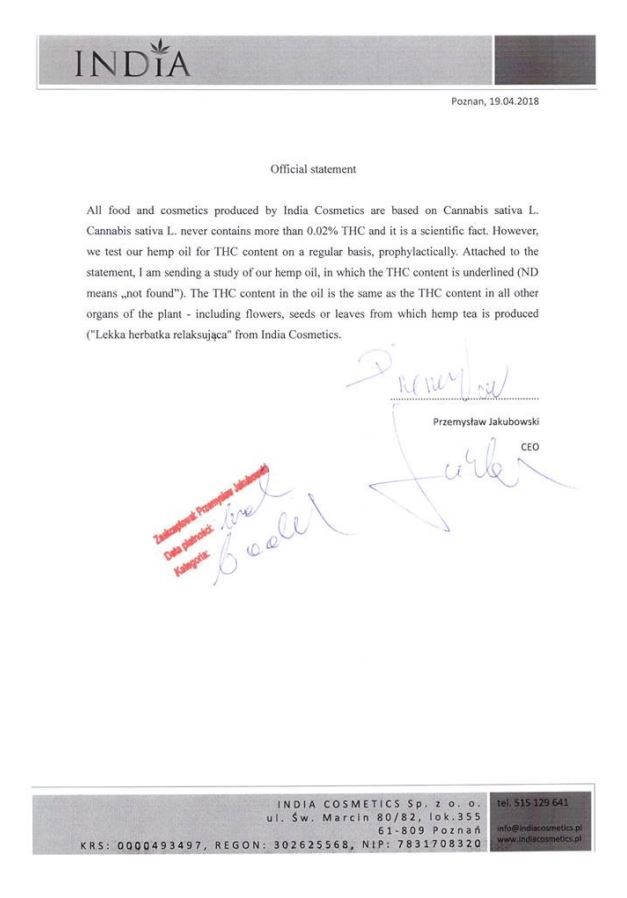 Declaración de no contenido de THC en los productos de India Cosmetics